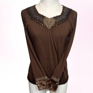 Japanese Brand 'Axes Femme' Brown Long Sleeve Fur Beaded Shirt